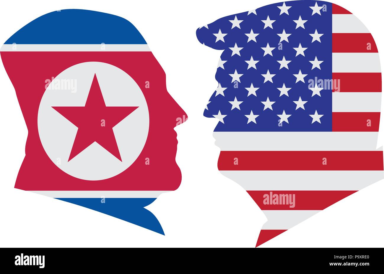 14 MAGGIO 2018: il presidente statunitense Donald Trump e Kim Jong sagome delle Nazioni Unite con Stati Uniti d'America e la Corea del Nord le bandiere illustrazione. Prossimo Vertice Ju Illustrazione Vettoriale
