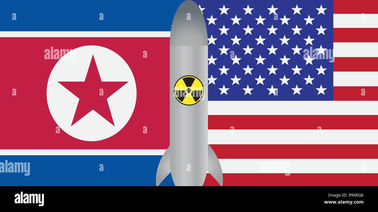 La Corea del Nord USA 2018 Summit bandiere con il missile nucleare simbolo colore di contorno illustrazione Illustrazione Vettoriale