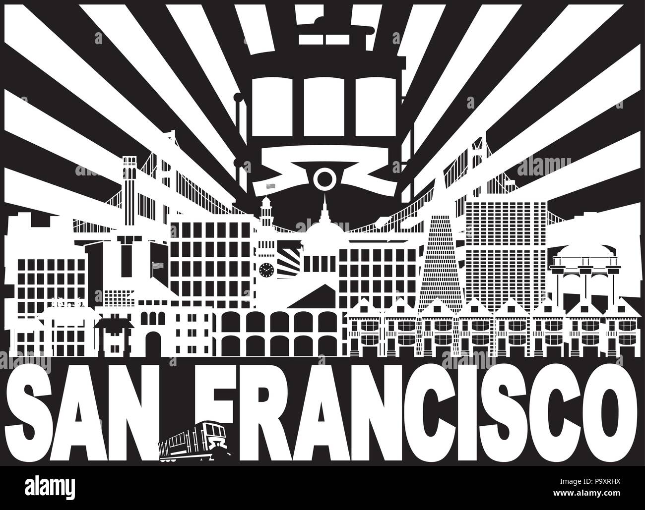 San Francisco California skyline della città con trolley raggi di sole Golden Gate Bridge Testo in bianco e nero illustrazione Illustrazione Vettoriale