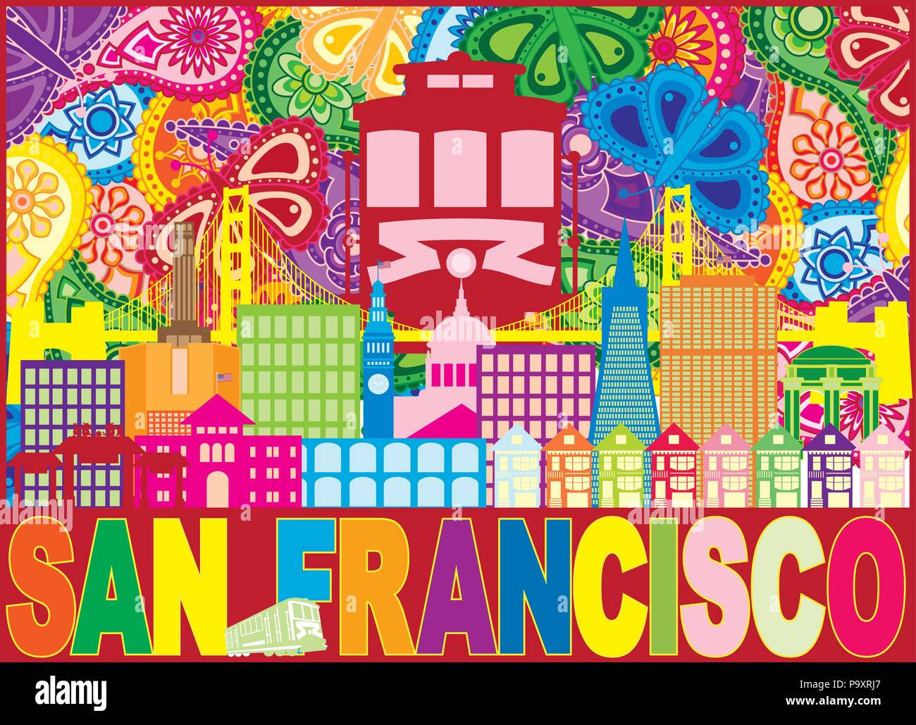 San Francisco California skyline della città con trolley raggi di sole Golden Gate Bridge testo Pattern Paisley Illustrazione a colori Illustrazione Vettoriale