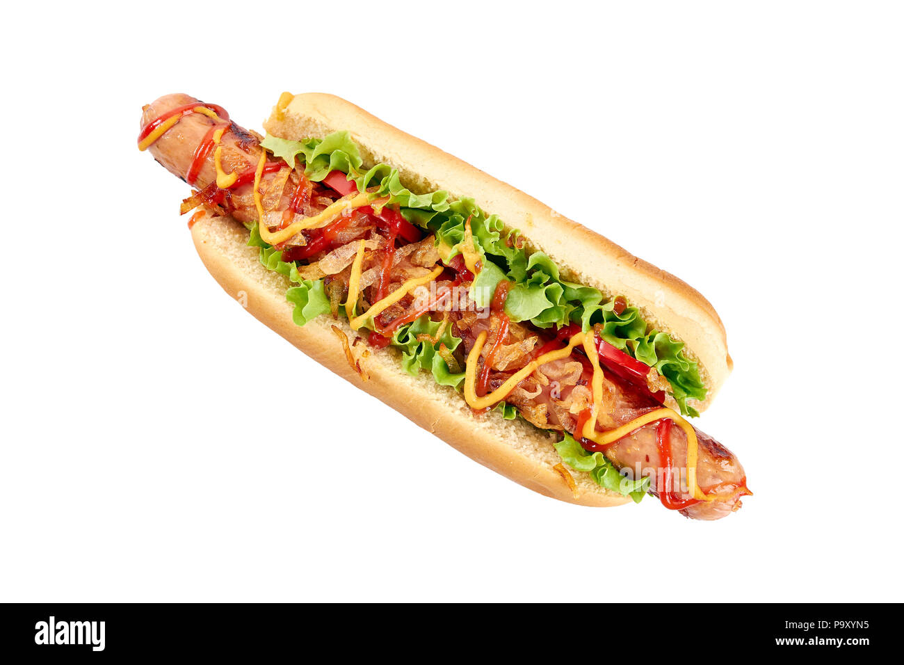 Hot Dog con salsiccia lunga e verdure su bianco Foto Stock