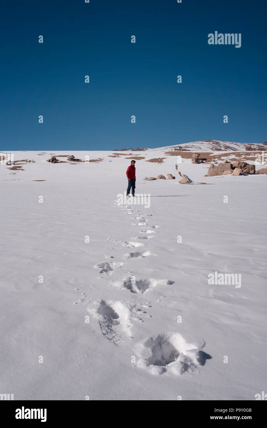 L uomo nel paesaggio wintery del Árbol de Piedra entro il Eduardo Avaroa fauna Andina riserva nazionale, Bolivia Foto Stock