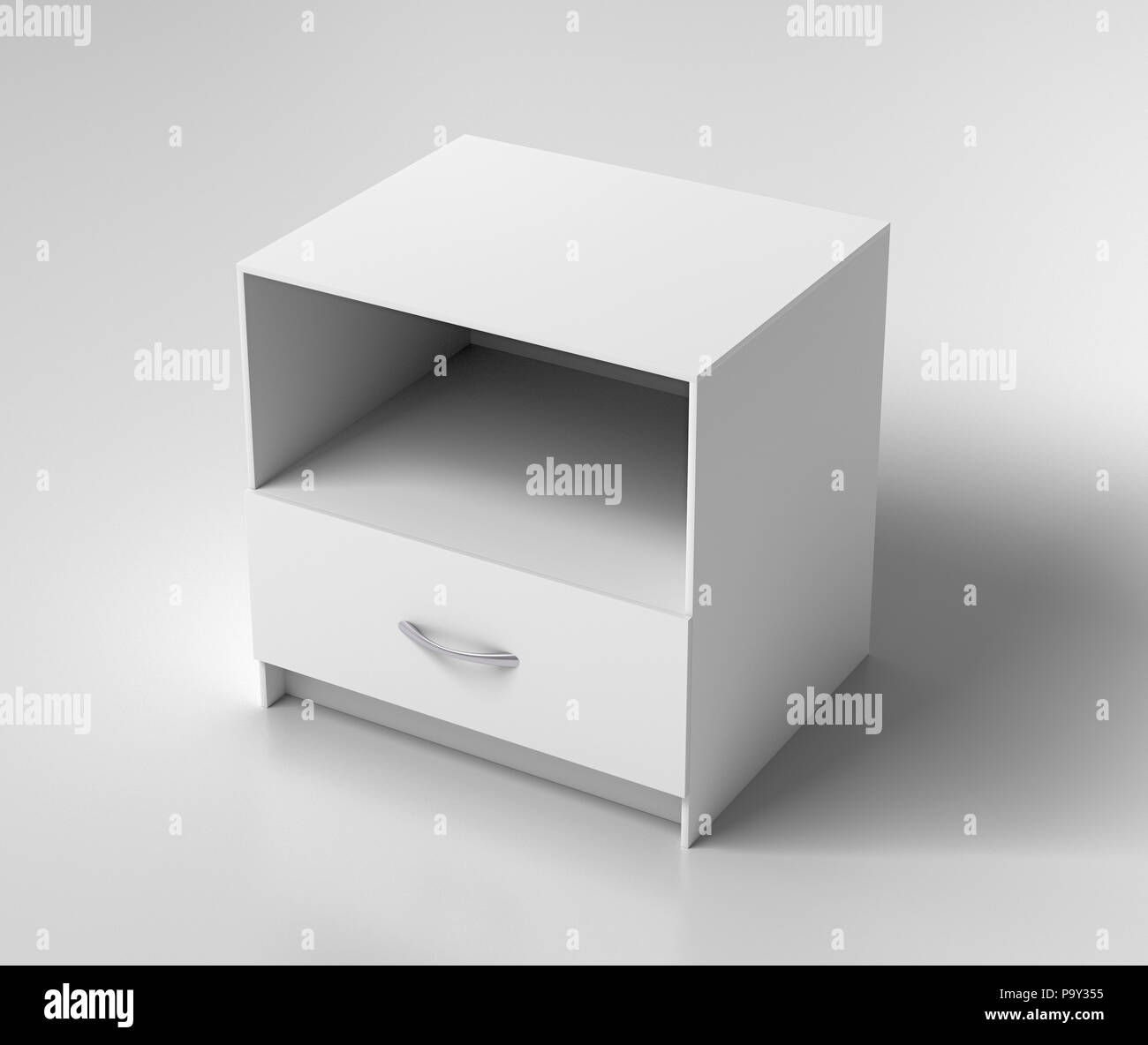 Vuoto comodino bianco su sfondo bianco. Isolato con percorso di clipping intorno al comodino. 3d illustrazione Foto Stock