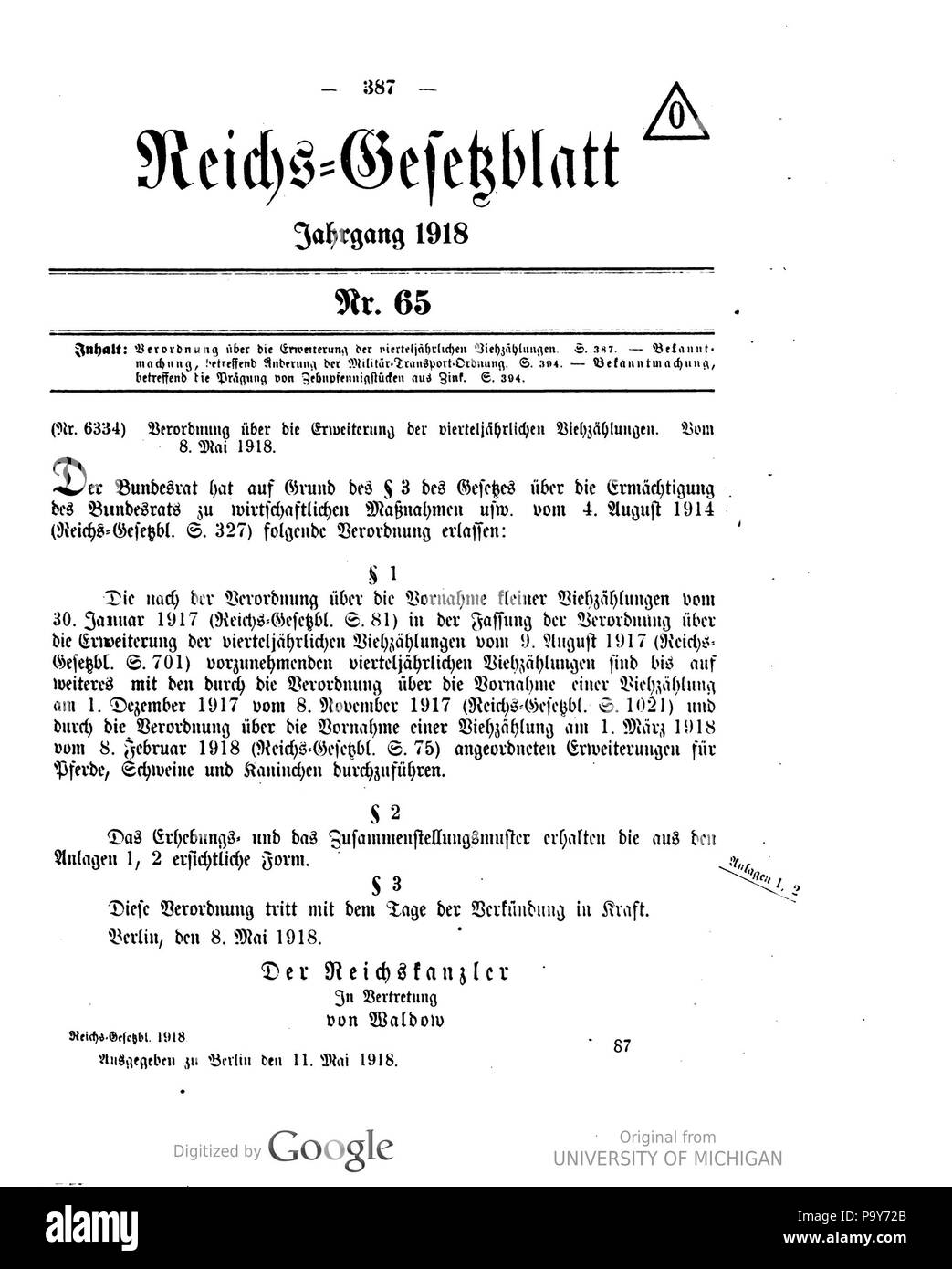 480 Deutsches Reichsgesetzblatt 1918 065 0387 Foto Stock