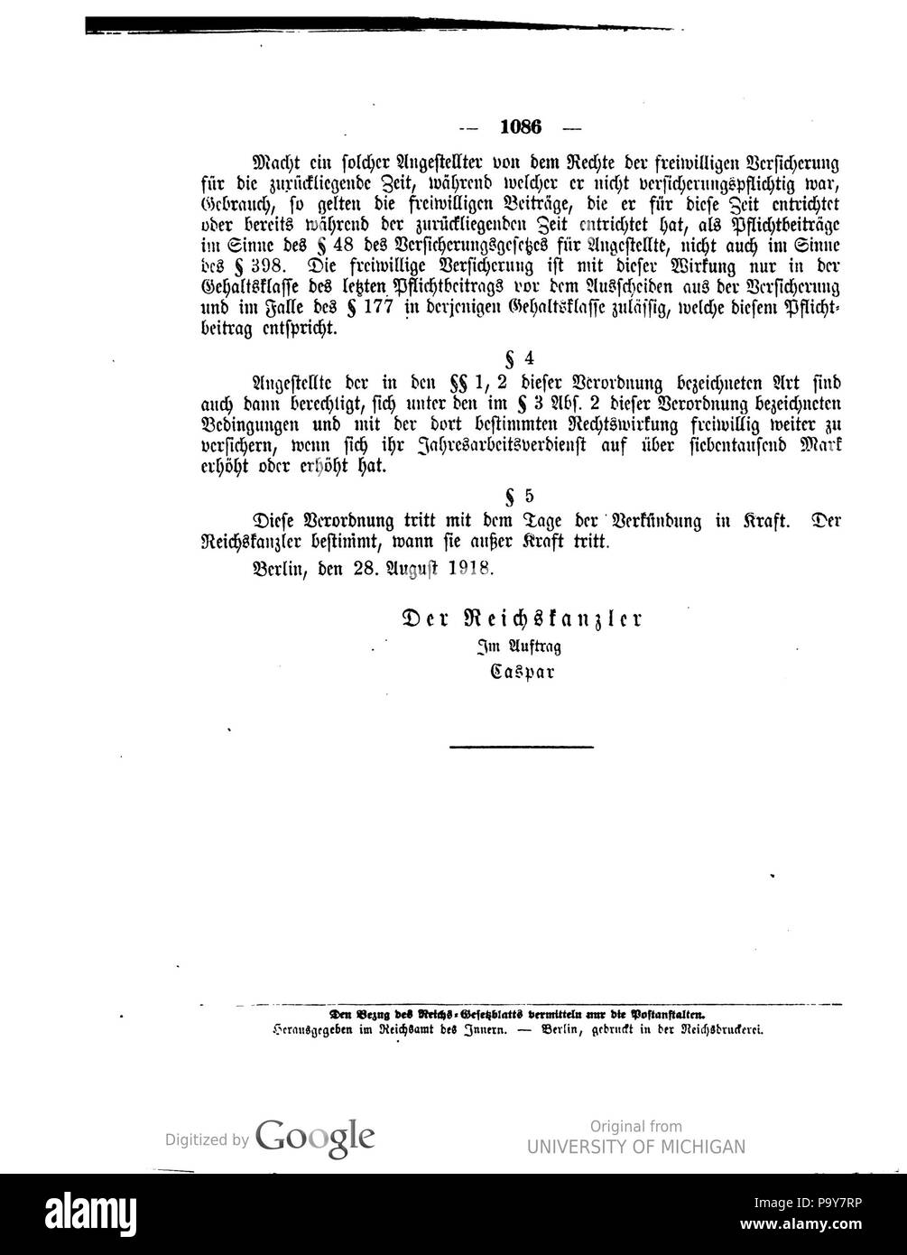 483 Deutsches Reichsgesetzblatt 1918 115 1086 Foto Stock