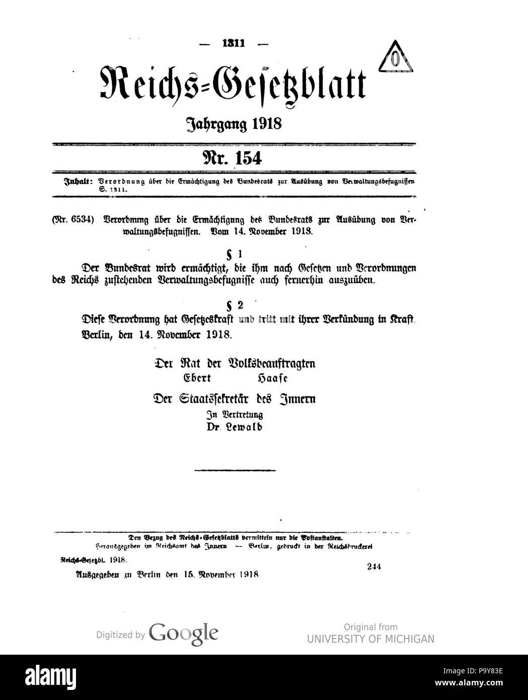 484 Deutsches Reichsgesetzblatt 1918 154 1311 Foto Stock