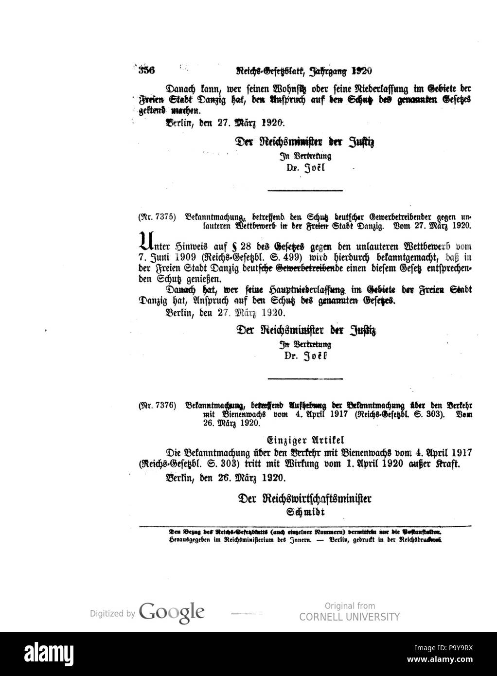 500 Deutsches Reichsgesetzblatt 1920 055 0356 Foto Stock