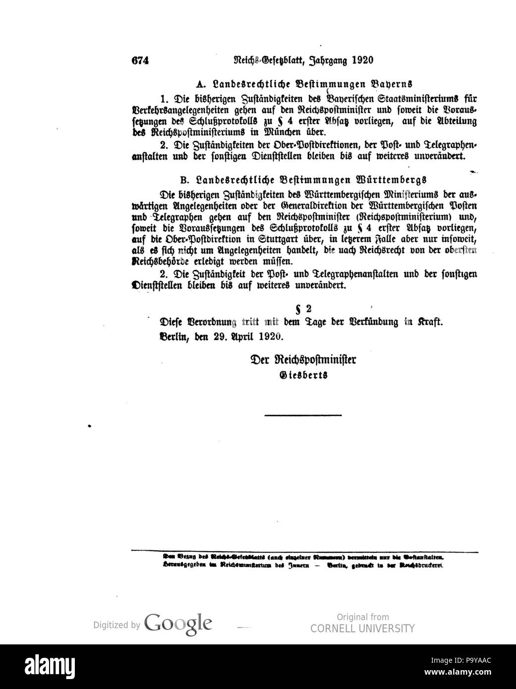 502 Deutsches Reichsgesetzblatt 1920 088 0674 Foto Stock