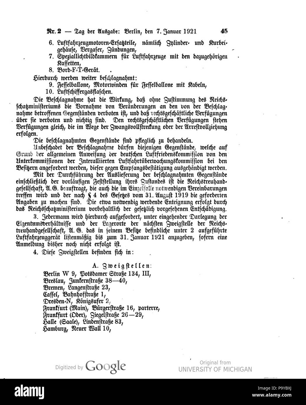 511 Deutsches Reichsgesetzblatt 1921 002 0045 Foto Stock