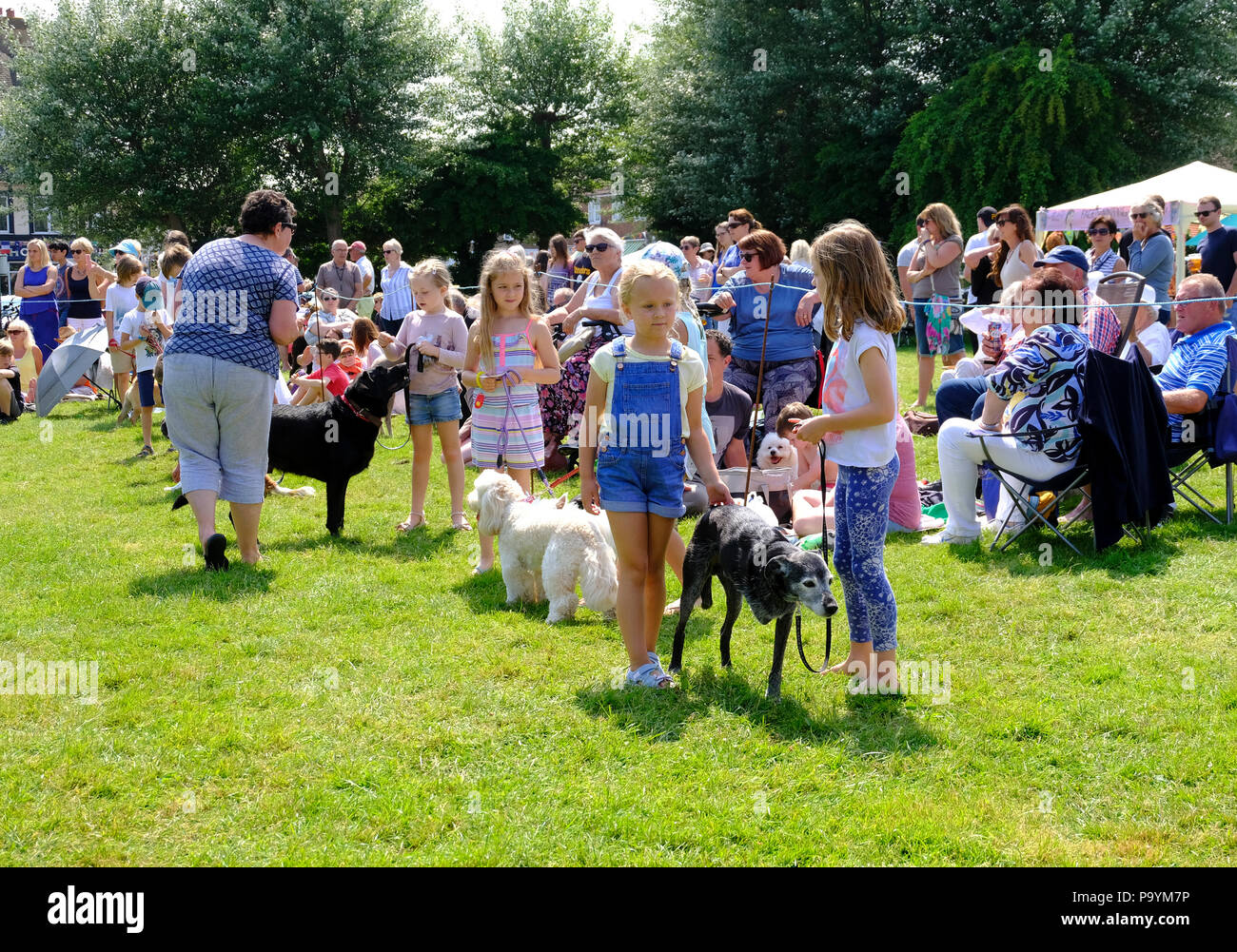 East Preston, West Sussex, Regno Unito. Fun dog show tenutosi il villaggio verde - i bambini in attesa di mostrare i loro cani tra cui un vecchio a tre zampe cane Foto Stock