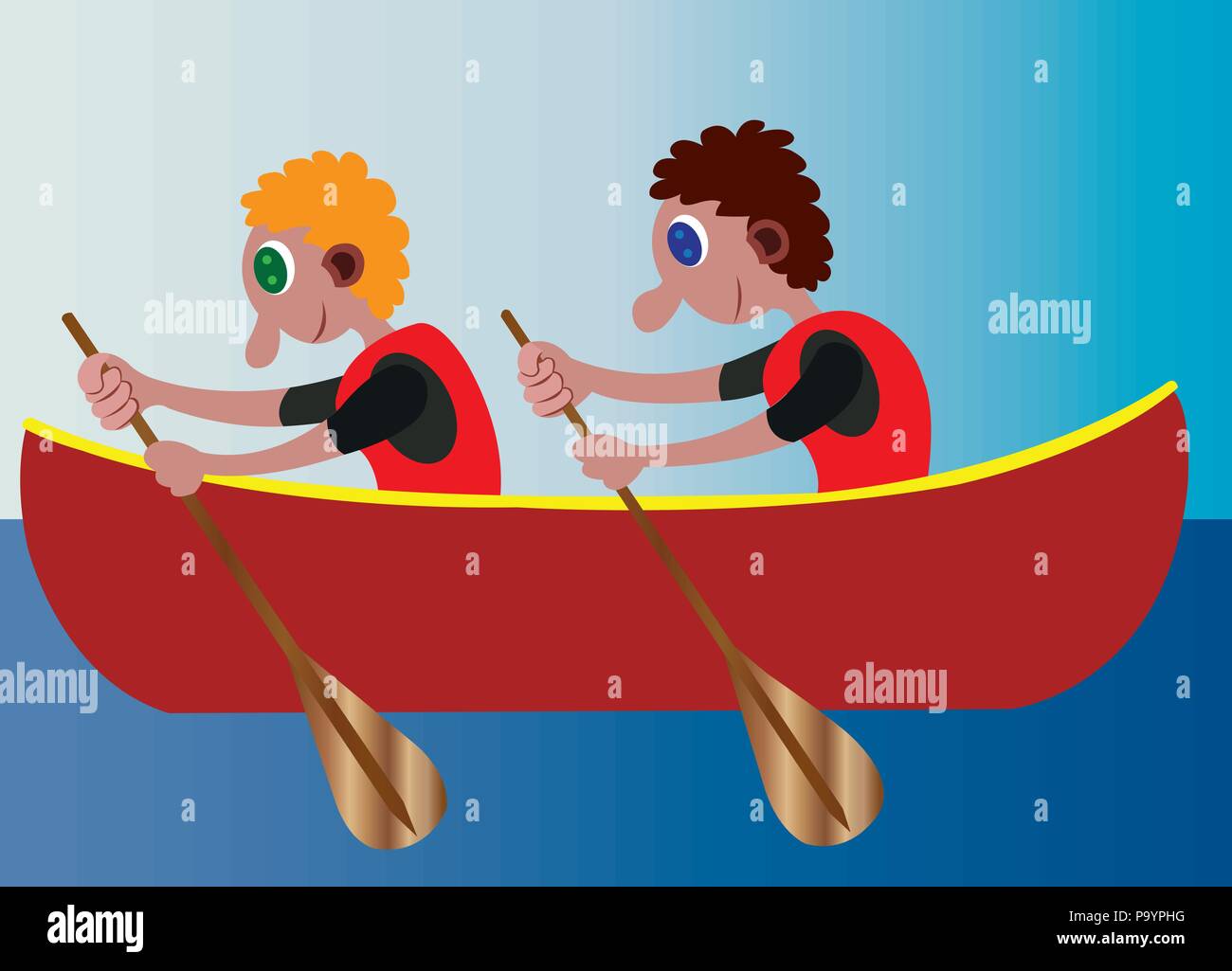 Due sportivi fila la loro barca attraverso le acque poco profonde Illustrazione Vettoriale