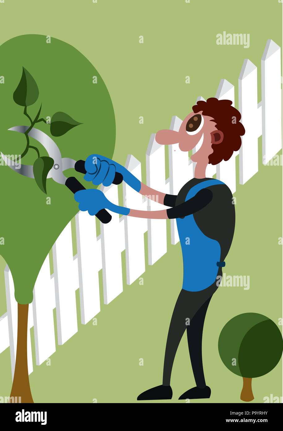 Un giardiniere potatura lo steccato Illustrazione Vettoriale