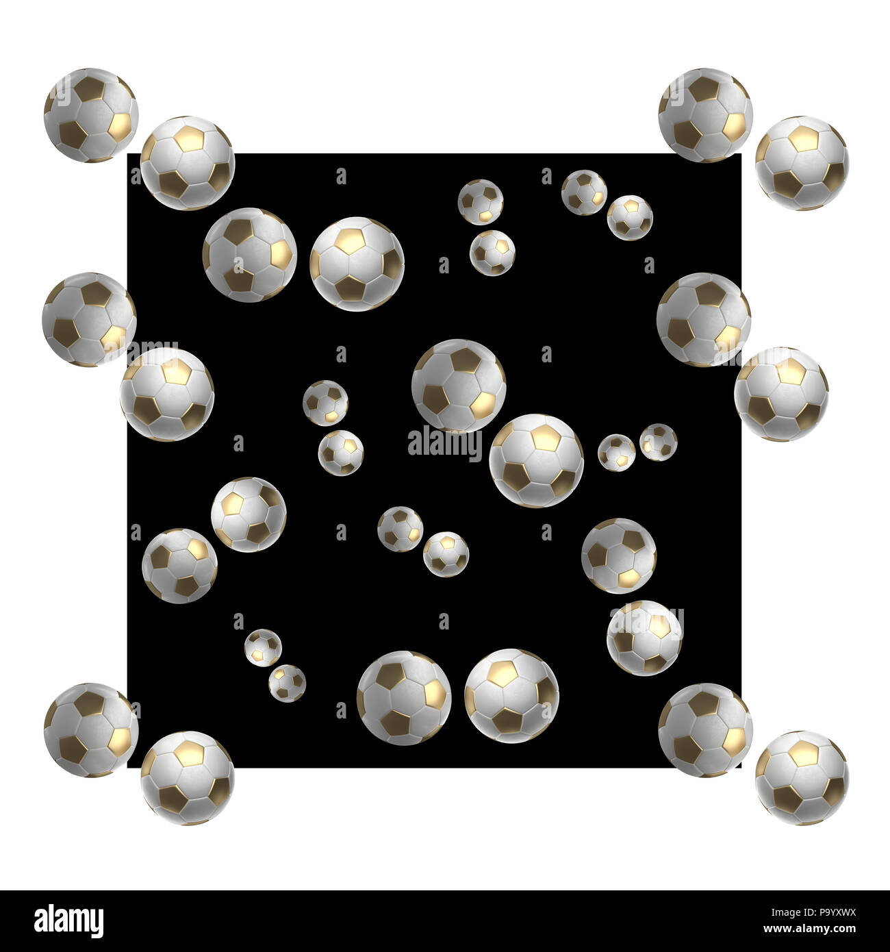 Il concetto di Leadership golden Soccer-sfere isolato su bianco e nero del telaio della finestra campionato di sfondo 3d illustrazione Foto Stock