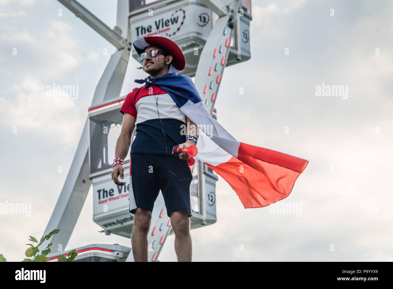 Sostenitore francese sulla sommità di un pilastro a Parigi dopo il 2018 Coppa del mondo di gioco definitiva Foto Stock