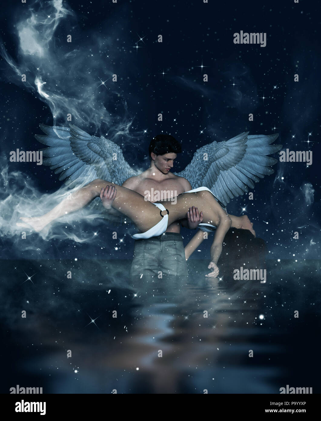 Fino alla morte fare parte di noi,3d illustrazione di un angeli nel cielo terra,Mixed media per prenotare o illustrazione per la copertina del libro Foto Stock