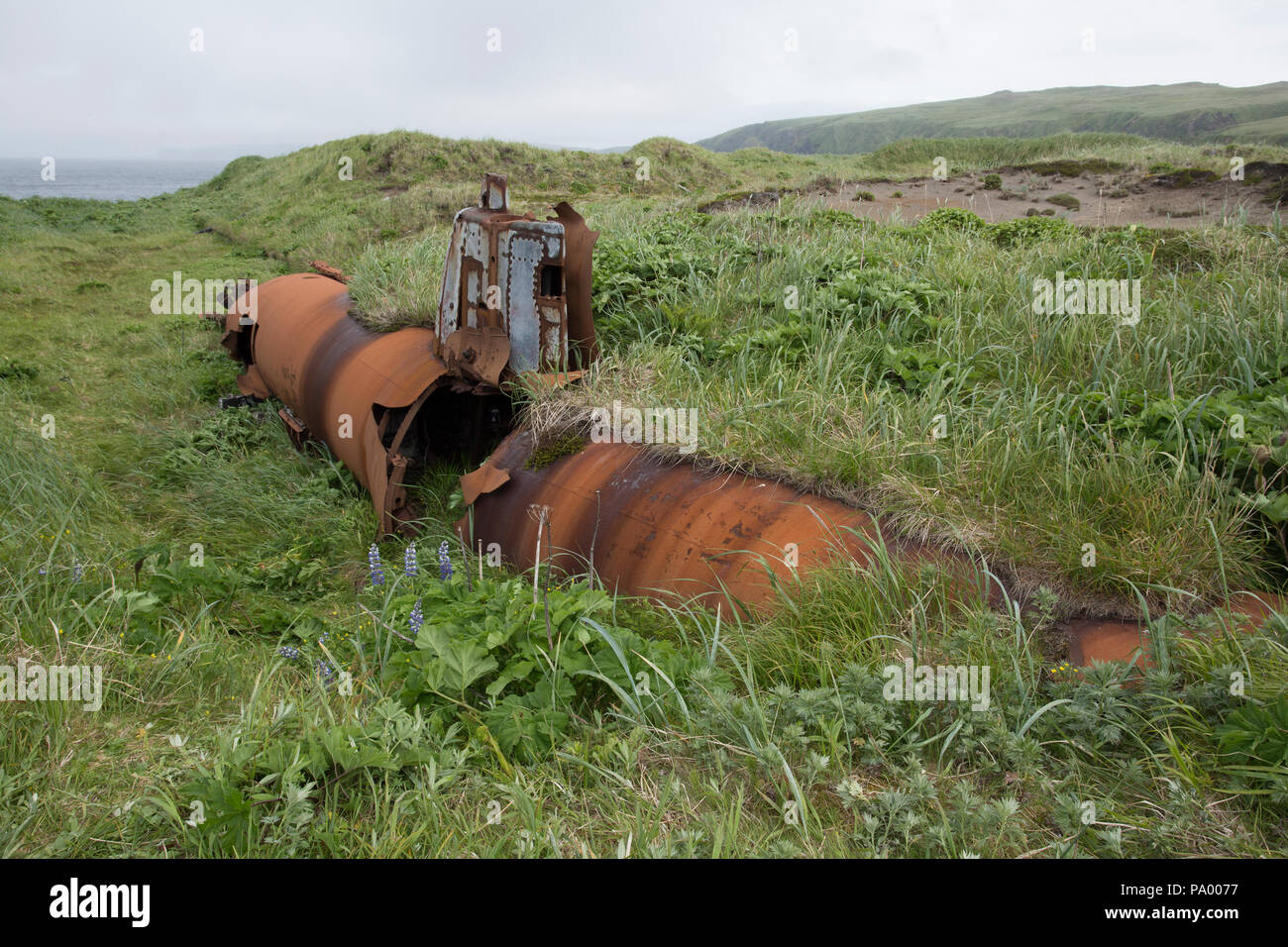 Abbandonato giapponese tipo ko-hyoteki midget sottomarino, Kiska isola. Foto Stock
