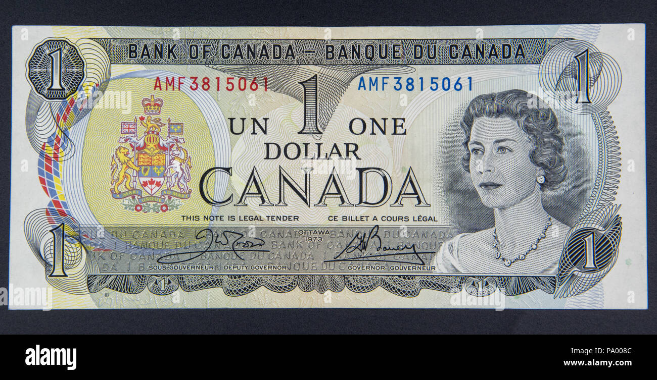 $1 Scene della banca del Canada prima nota fatta circolare nel 1970 e sostituito nel 1986. Progettata per essere più resistente contraffatte. Il $1 bill raffigura il parlia Foto Stock