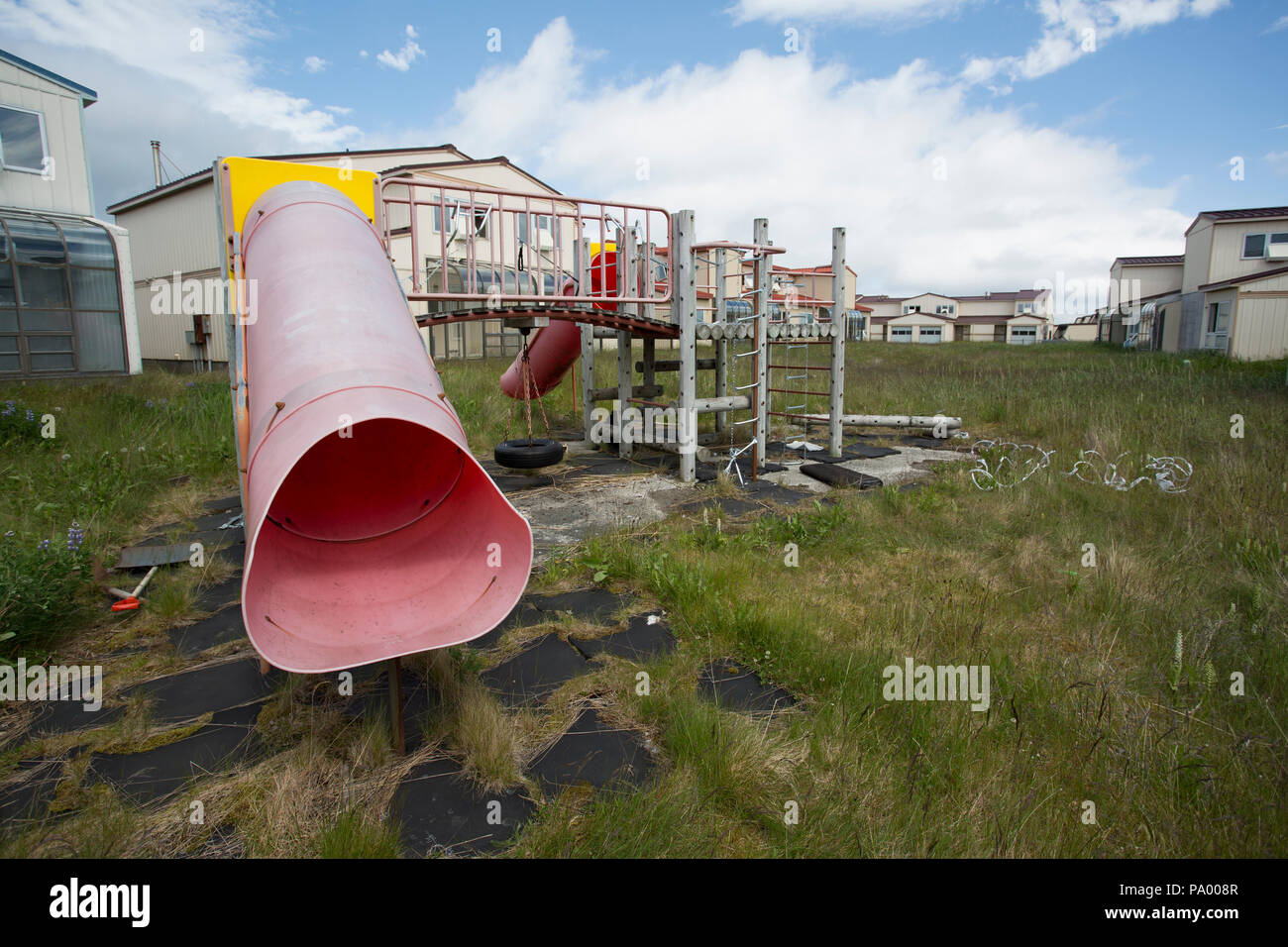 Parco giochi abbandonato, Adak, Alaska Foto Stock