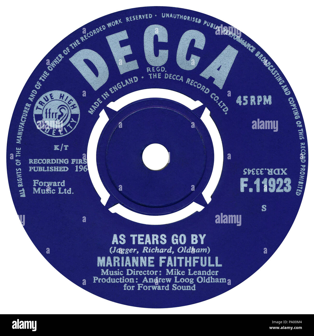 Regno Unito 45 rpm 7' singolo di lacrime come andare da Marianne fidato sul Decca etichetta dal 1964. Scritto da Mick Jagger e Keith Richard e Andrew Loog Oldham, disposti da Mike Leander e prodotto da Andrew Loog Oldham. Foto Stock