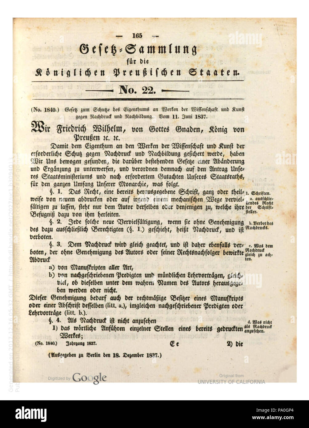 709 Gesetz zum Schutz des Eigenthums un Werken der Wissenschaft und Kunst gegen Nachdruck und Nachbildung vom 11. Juni 1837 Foto Stock
