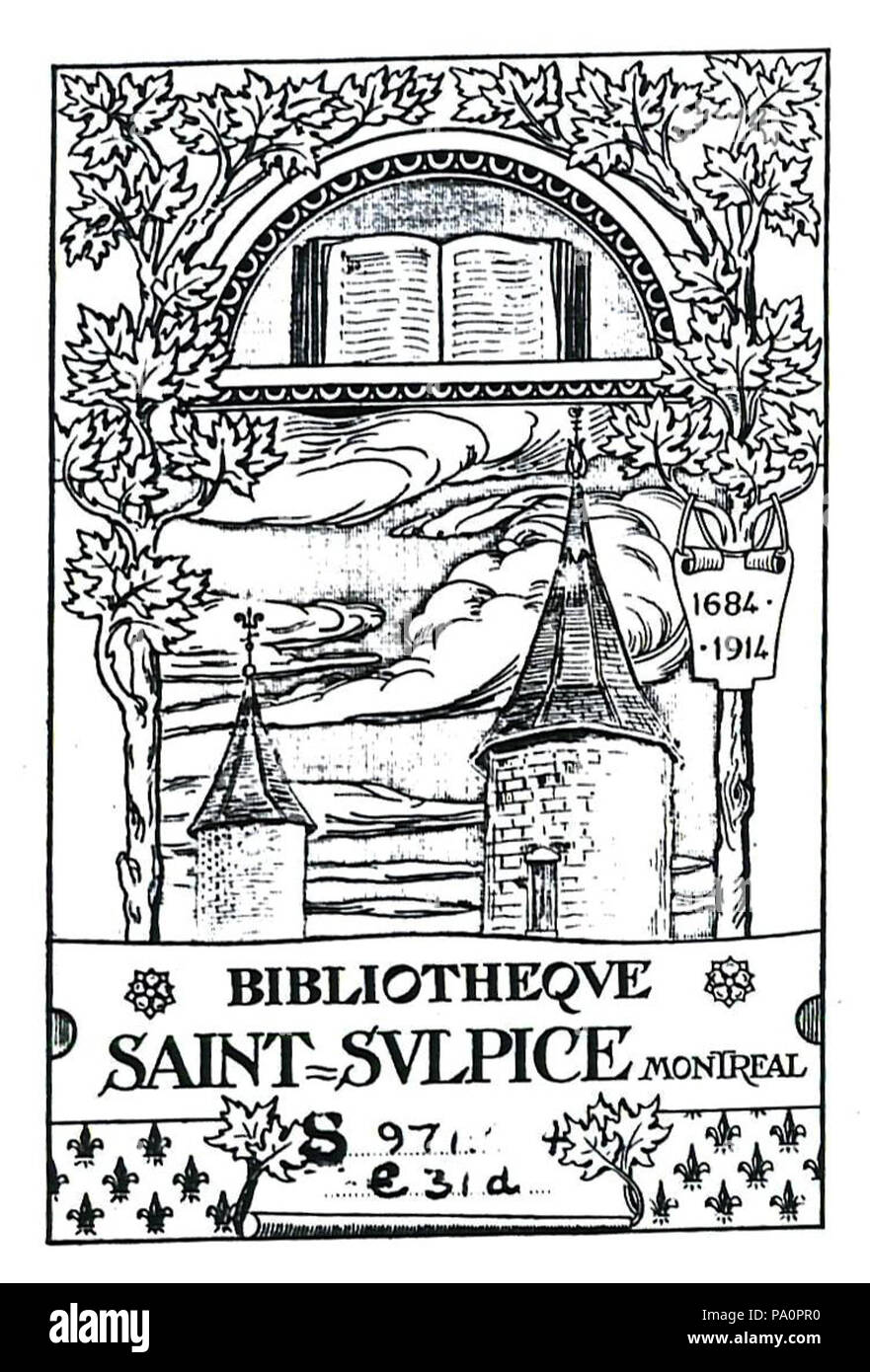 . Français : Ex-libris d'onu livre de la collezione Saint-Sulpice. Su remarque les tours du séminaire de Montréal, rue Sherbrooke. circa 1914 (avant 1941 - année où le gouvernement du Québec fait l'acquisizione de la Bibliothèque Saint-Sulpice) 631 Ex-Libris Bibliotheque Saint-Sulpice Foto Stock