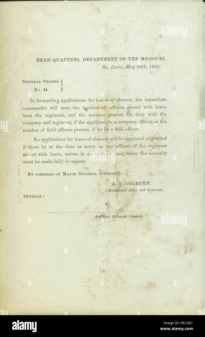 697 ordini generale, n. 44, di A.V. Colburn, Vice aiutante generale, capo quarti, Dipartimento del Missouri, St. Louis, 28 maggio 1863 Foto Stock