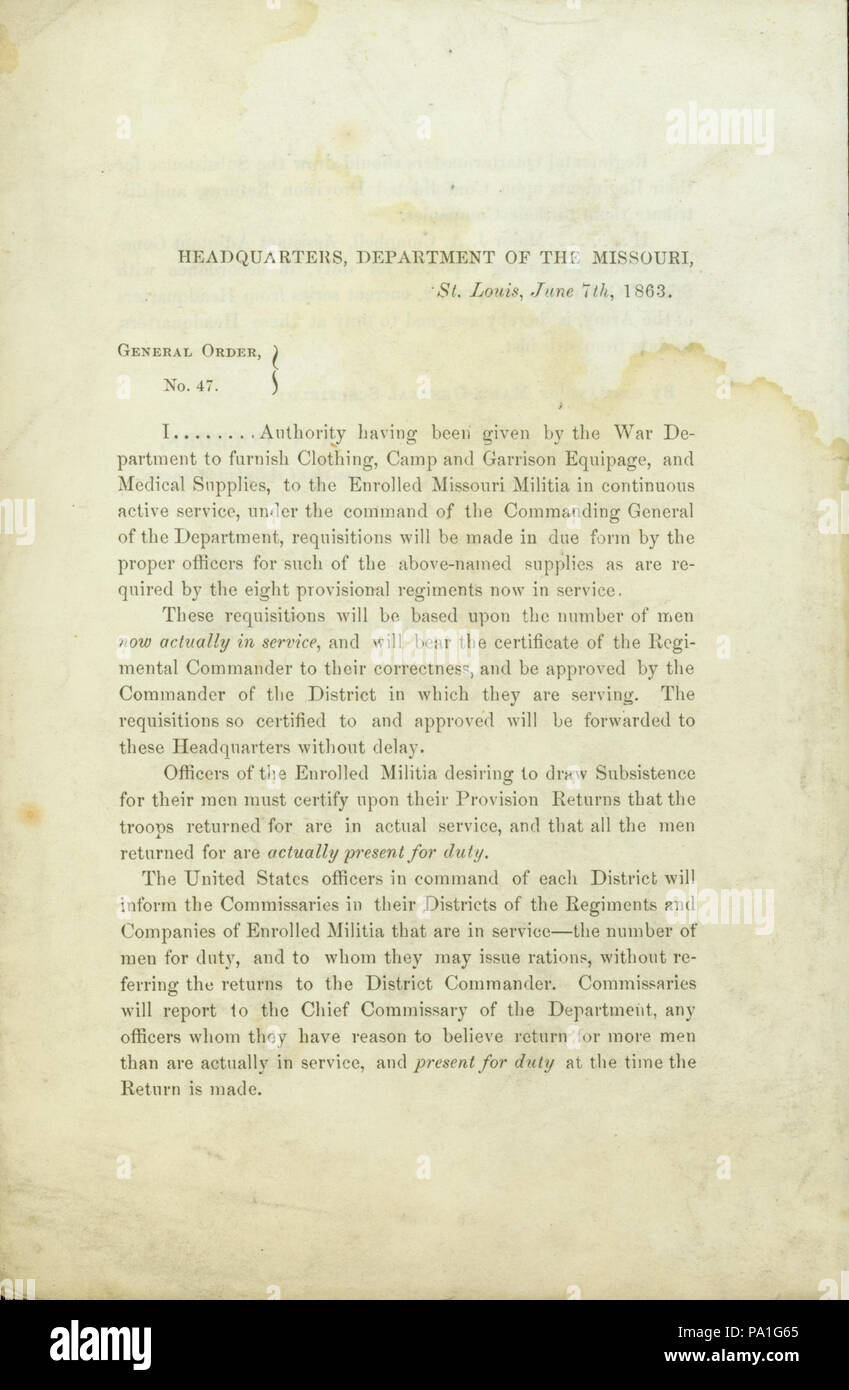 697 ordini generale, n. 47, di A.V. Colburn, Vice aiutante generale, Sede, Dipartimento del Missouri, St. Louis, 7 giugno 1863 Foto Stock