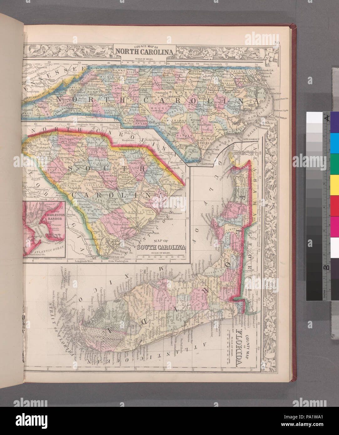 352 County map del North Carolina, mappa della Carolina del Sud, County Map of Florida; Mappa del porto di Charleston (inserto) (NYPL b13663520-1510810) Foto Stock
