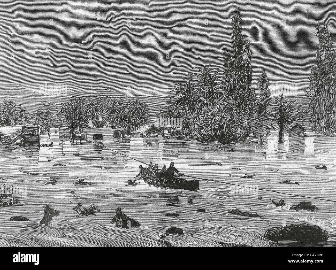 Spagna. Murcia. Il diluvio di Santa Teresa (15 ottobre 1879). Segura bacino del fiume. Il Malecon's Orchard nelle prime ore del 15 ottobre 1879. Incisione di Capuz. 'La Ilustracio n Espan ola y Americana ", 1879. Foto Stock