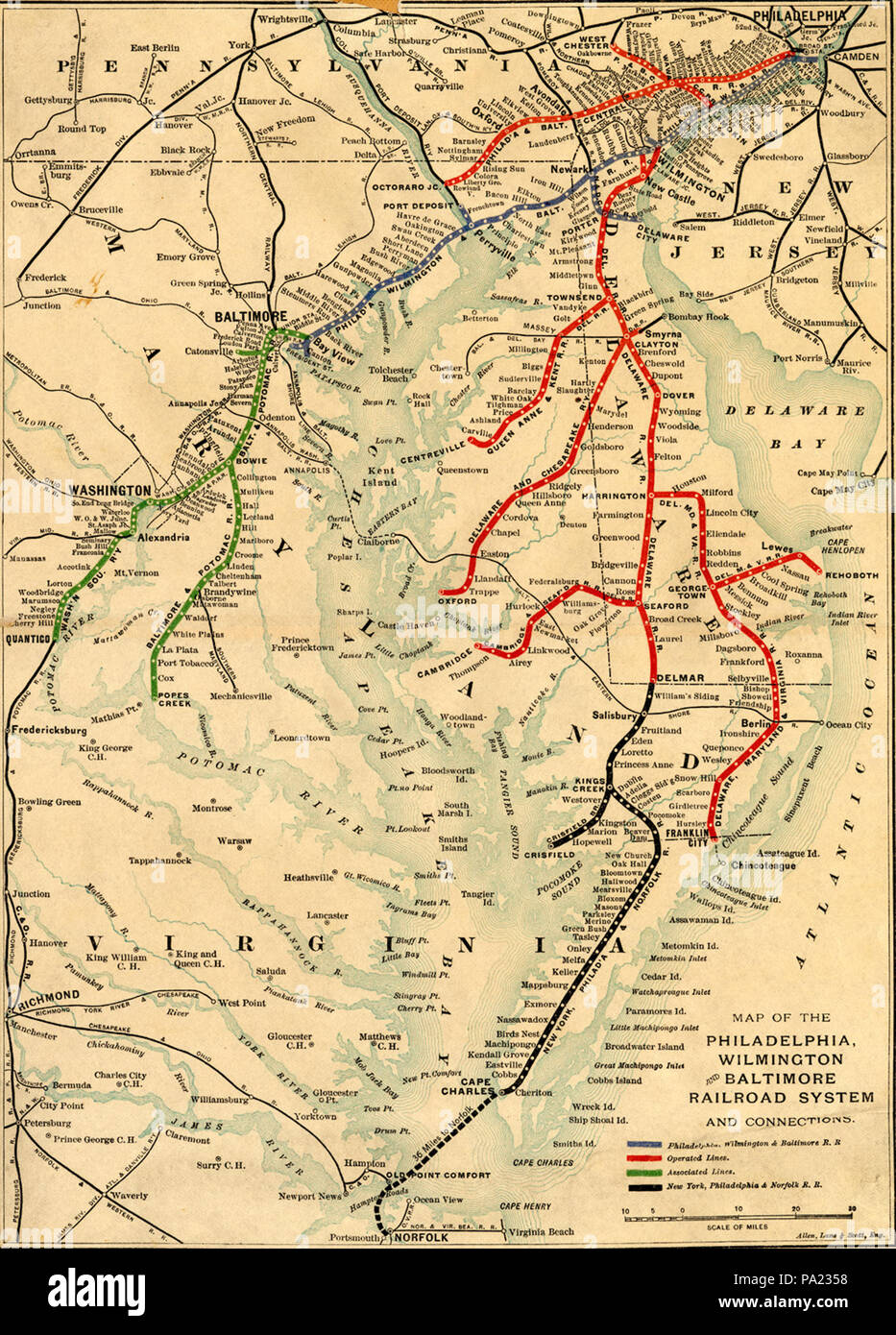 . Inglese: un inizio del 1890 Mappa di Filadelfia, Wilmington & Baltimore di ferrovia e di altre linee tra Norfolk e Philadelphia. La presenza della Baltimore & Lehigh Railroad e la Baltimore & Eastern Shore Railroad sotto i nomi esatti date la mappa per tra 1891 e 1894. circa 1891-circa 1894 22 1890s Philadelphia, Wilmington e Baltimore mappa Foto Stock