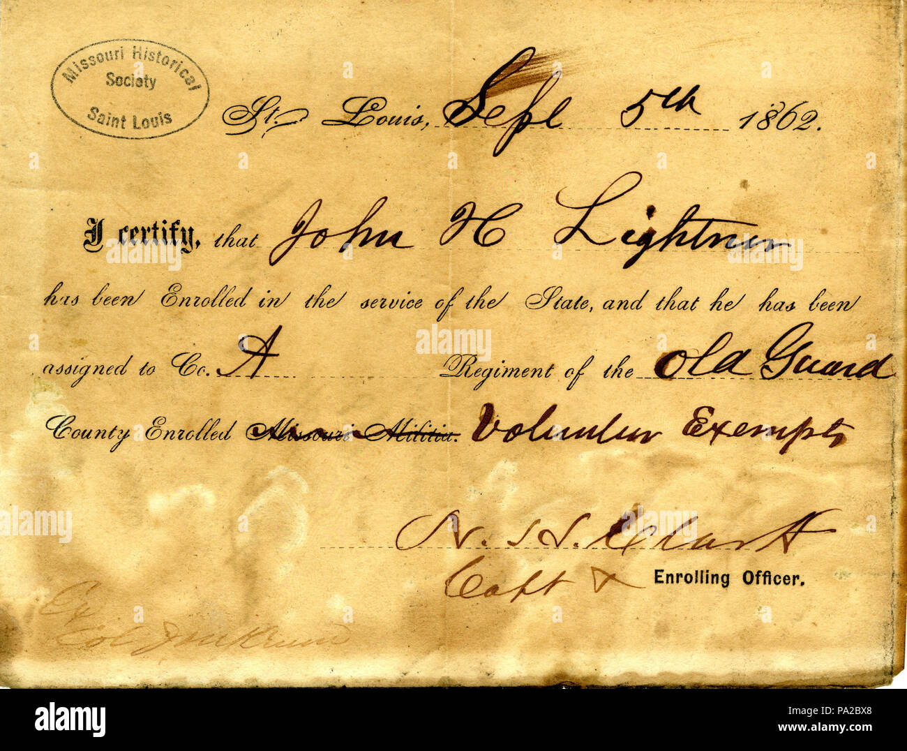 294 Certificato di iscrizione di John H. Lightner, firmato N.H. Clark, St. Louis, 5 settembre 1861 Foto Stock