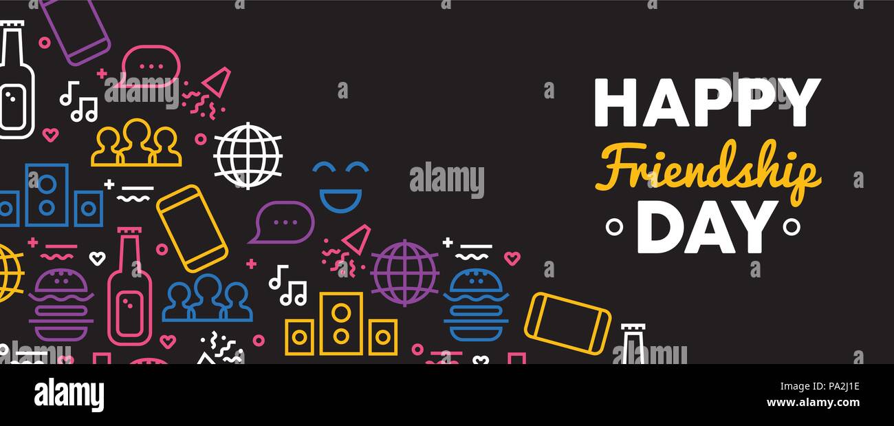 Felice amicizia giorno banner web illustrazione, contorno divertenti icone di partito. Colorati simboli sociali includono telefono, chat online rete di amici e musica dec Illustrazione Vettoriale