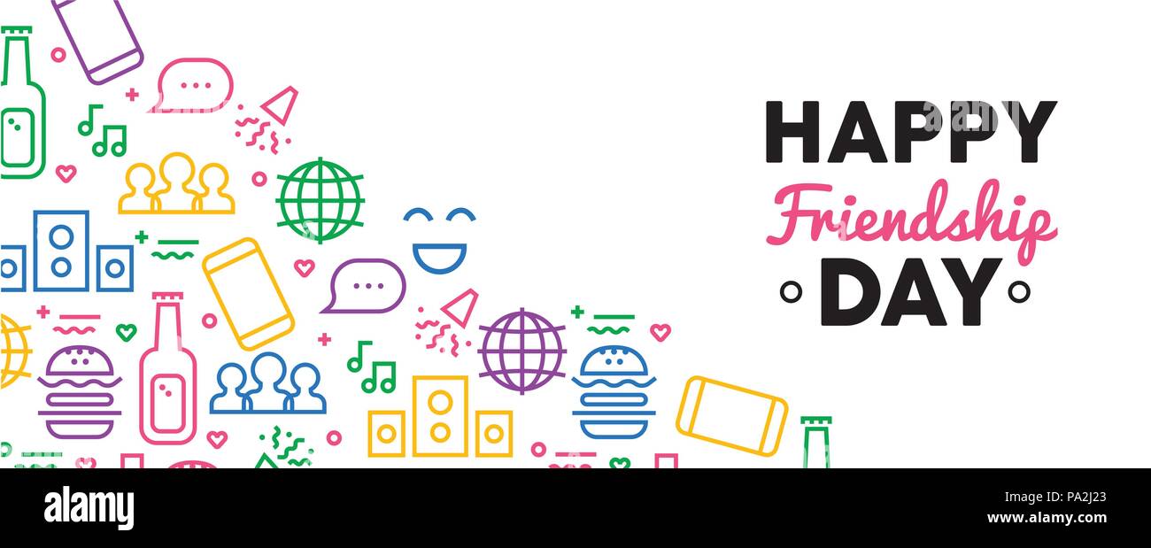 Felice amicizia giorno banner web illustrazione, contorno divertenti icone di partito. Colorati simboli sociali includono telefono, chat online rete di amici e musica dec Illustrazione Vettoriale