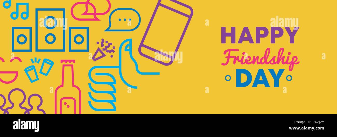 Felice amicizia giorno banner web illustrazione, contorno divertenti icone di partito. Colorati simboli sociali includono telefono chat, pollice in alto come la mano e amico netw Illustrazione Vettoriale