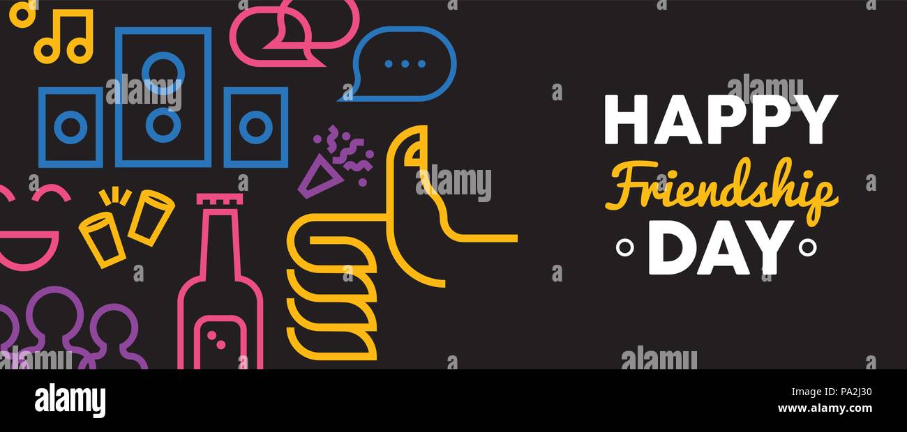 Felice amicizia giorno banner web illustrazione, contorno divertenti icone di partito. Colorati simboli sociali includono telefono, chat online rete di amici e musica dec Illustrazione Vettoriale