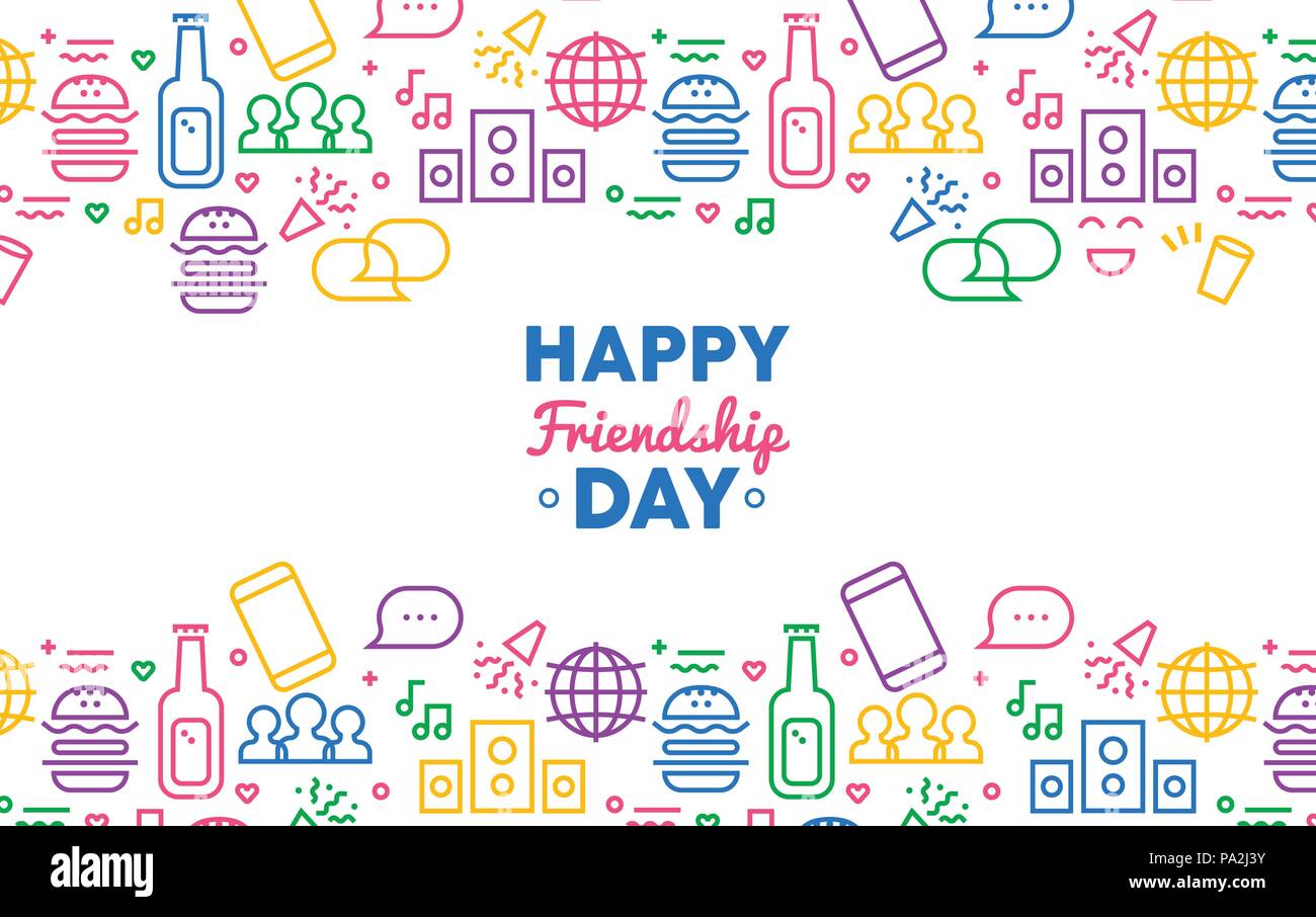 Felice amicizia giorno greeting card illustrazione con divertimento party icona decorazione in stile contorno. Moderna rete sociale simboli per internet amici o Illustrazione Vettoriale