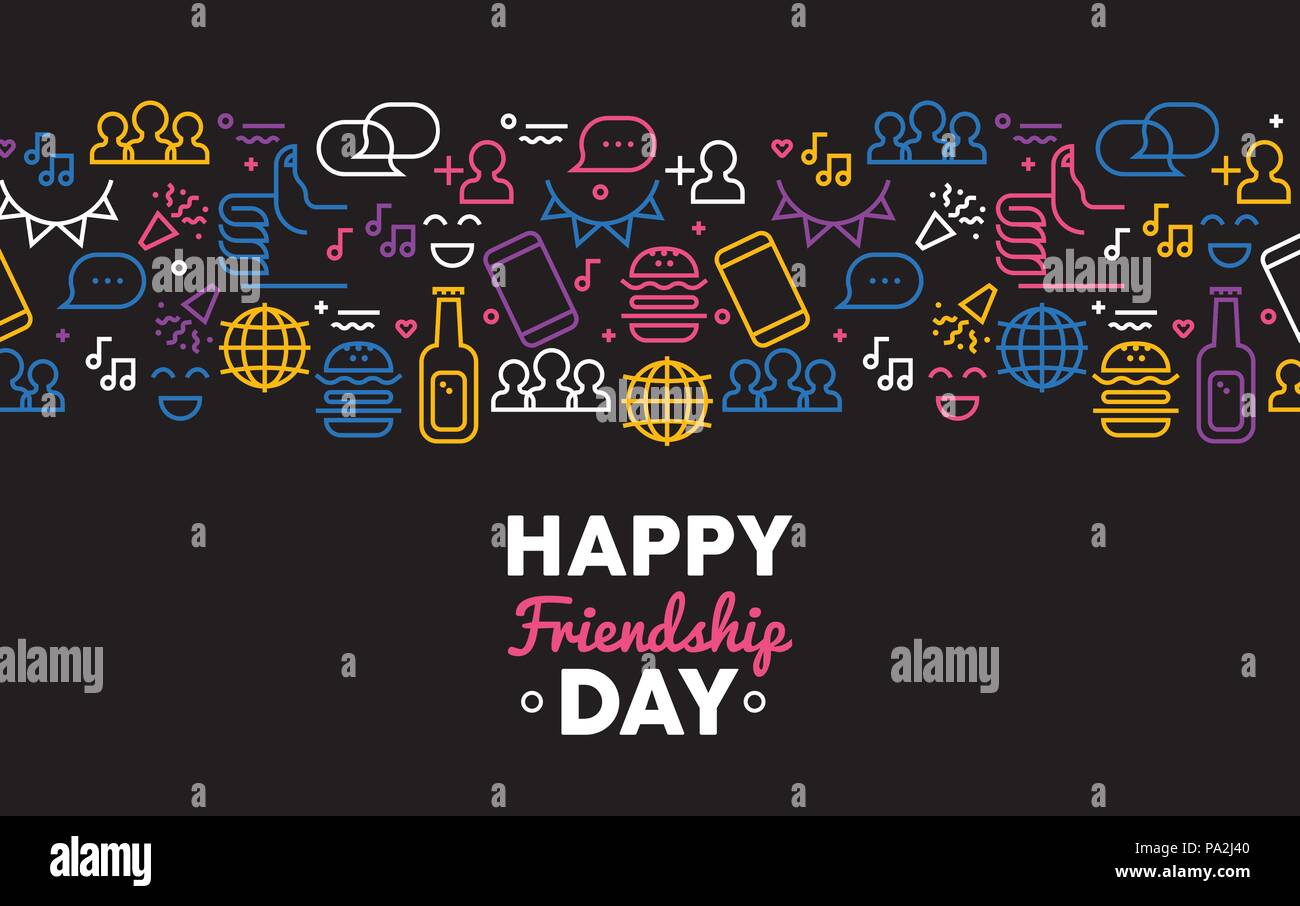 Felice amicizia Day holiday celebrazione biglietto di auguri, colorato party icona set. Divertente evento amico decorazione con social network i simboli. EPS vettore10 Illustrazione Vettoriale