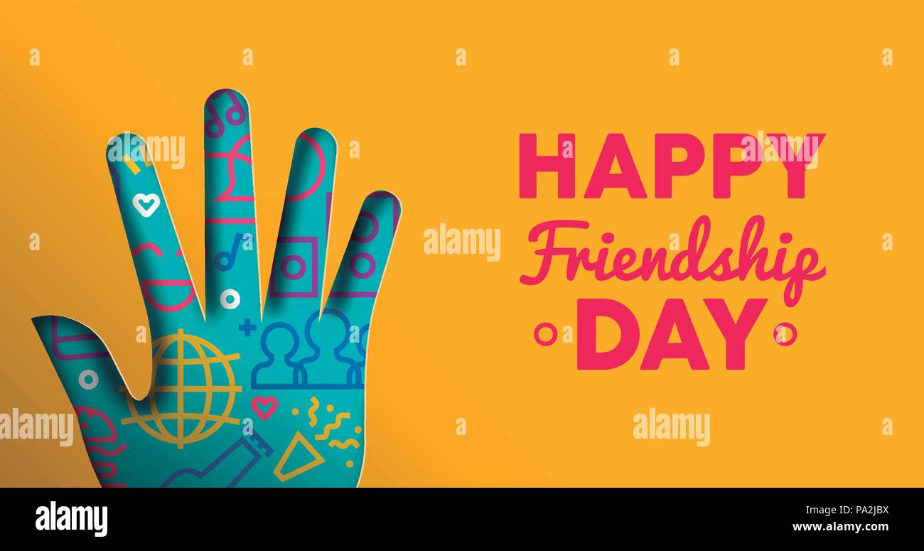 Felice amicizia giorno banner web immagine della carta tagliata a mano con forma colorata parte il testo e le icone del preventivo. EPS10 vettore. Illustrazione Vettoriale