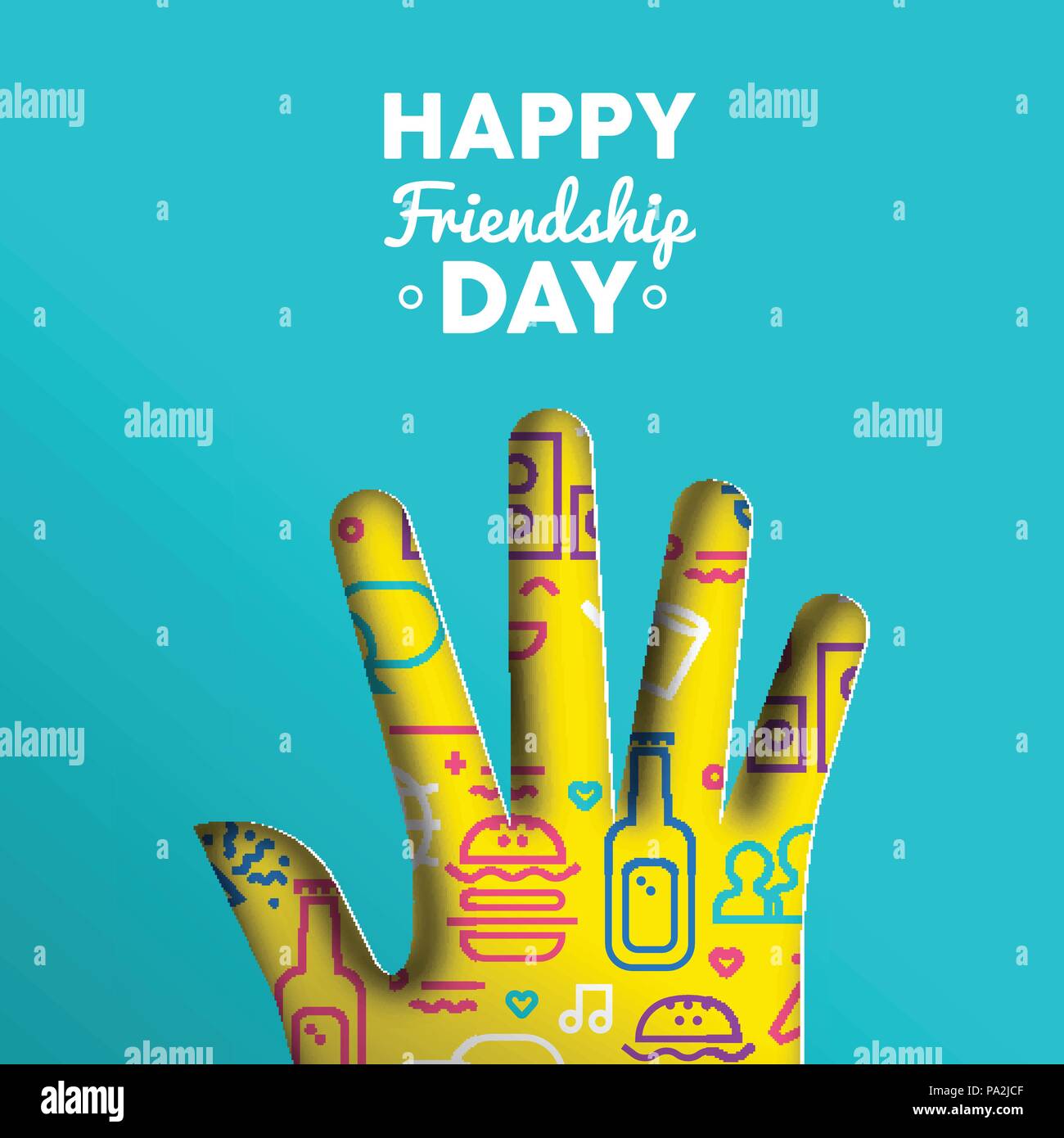 Felice amicizia giorno greeting card illustrazione di carta tagliato a mano con forma colorata parte il testo e le icone del preventivo. EPS10 vettore. Illustrazione Vettoriale