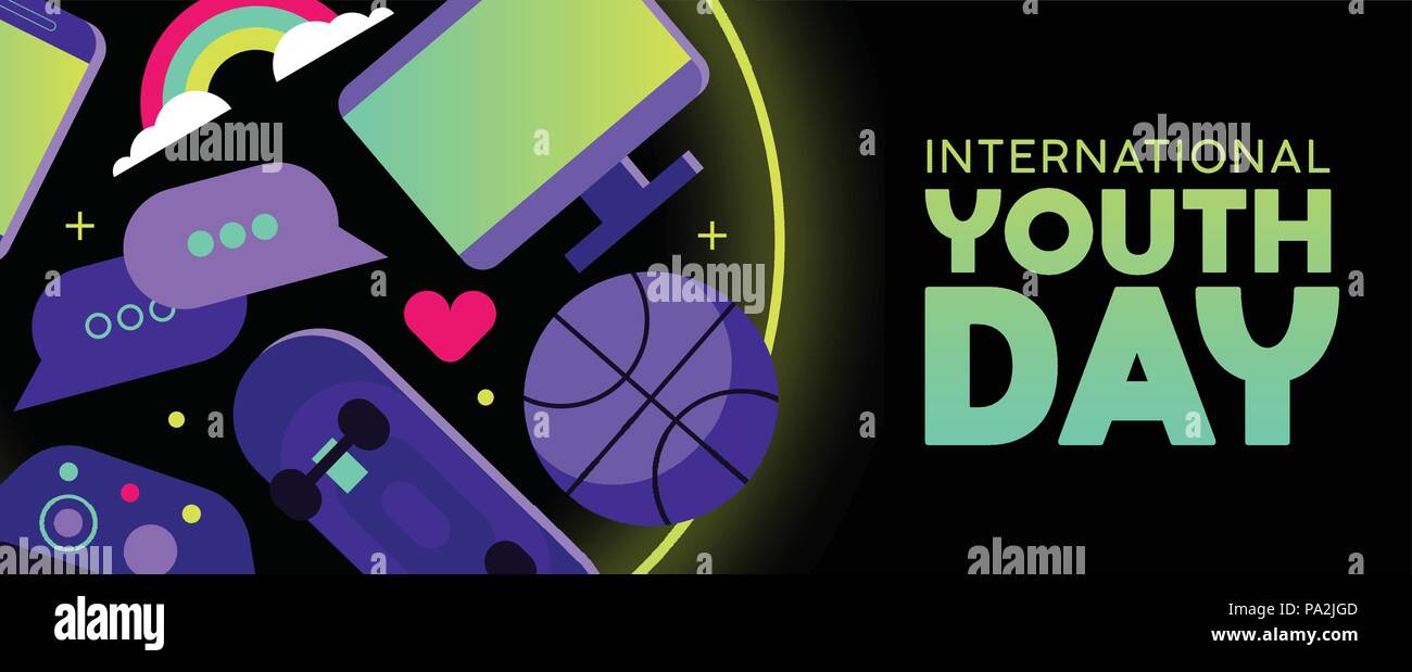 Giornata internazionale della gioventù banner web per vacanza speciale evento. Moderno teen le attività per il tempo libero includono le icone di rete sociale simboli, controller di gioco e Illustrazione Vettoriale