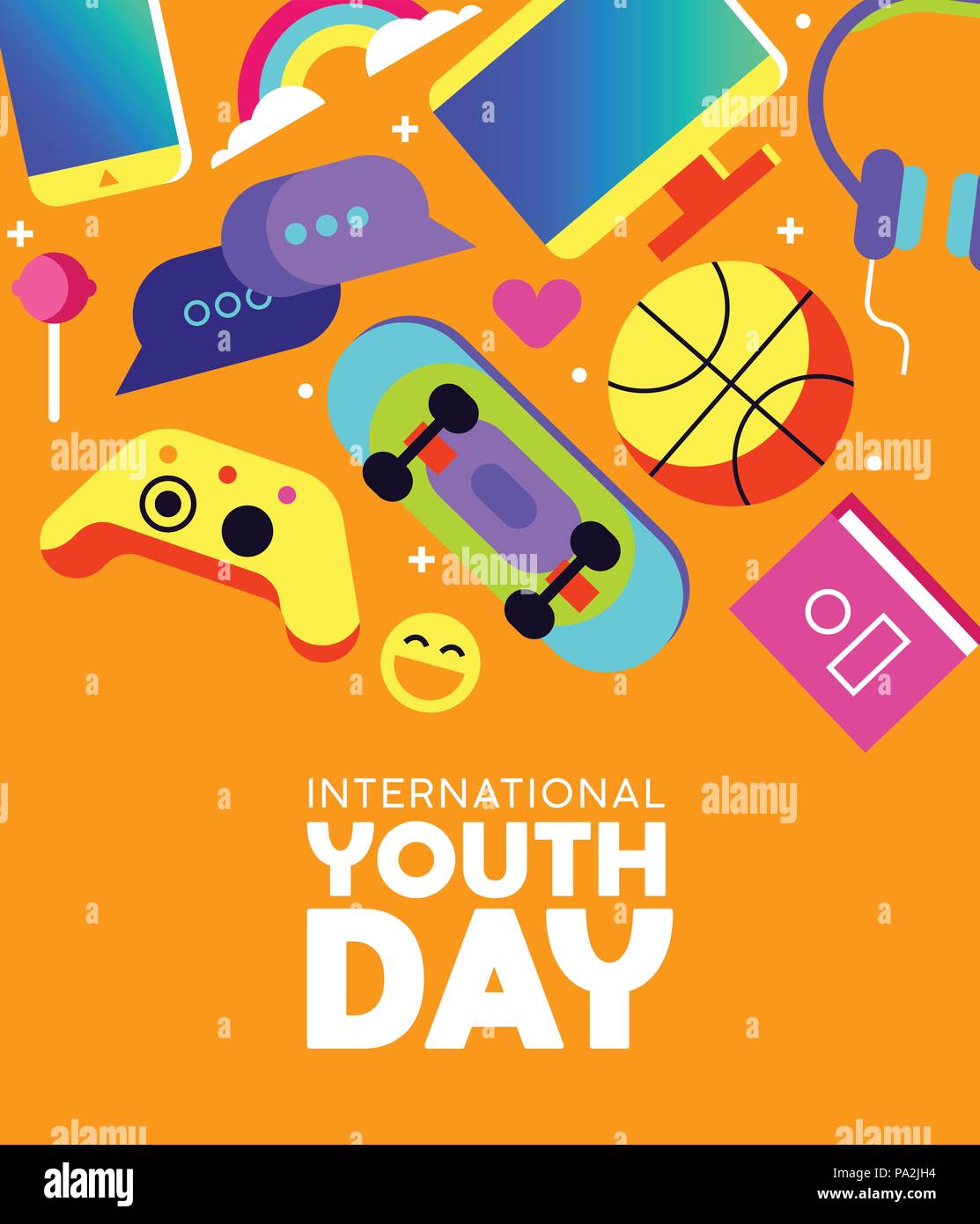 Giornata internazionale della gioventù biglietto di auguri con colorate teen moderne attività di svago di decorazione. Include sociale della tecnologia di rete, controller di gioco, sp Illustrazione Vettoriale