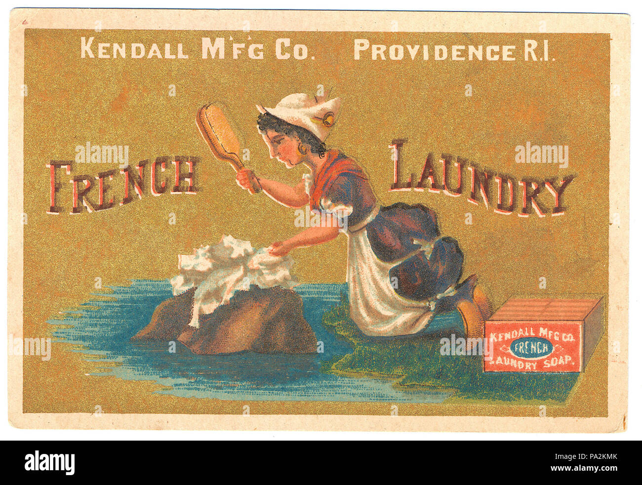 . La seconda metà del XIX secolo la pubblicità per la Kendall Mfg. società 'French Laundry Soap' che mostra una giovane donna abiti battendo su di una roccia. Tra il 1840 e il 1860 676 bucato francese, sapone annuncio, ca. 1850 Foto Stock