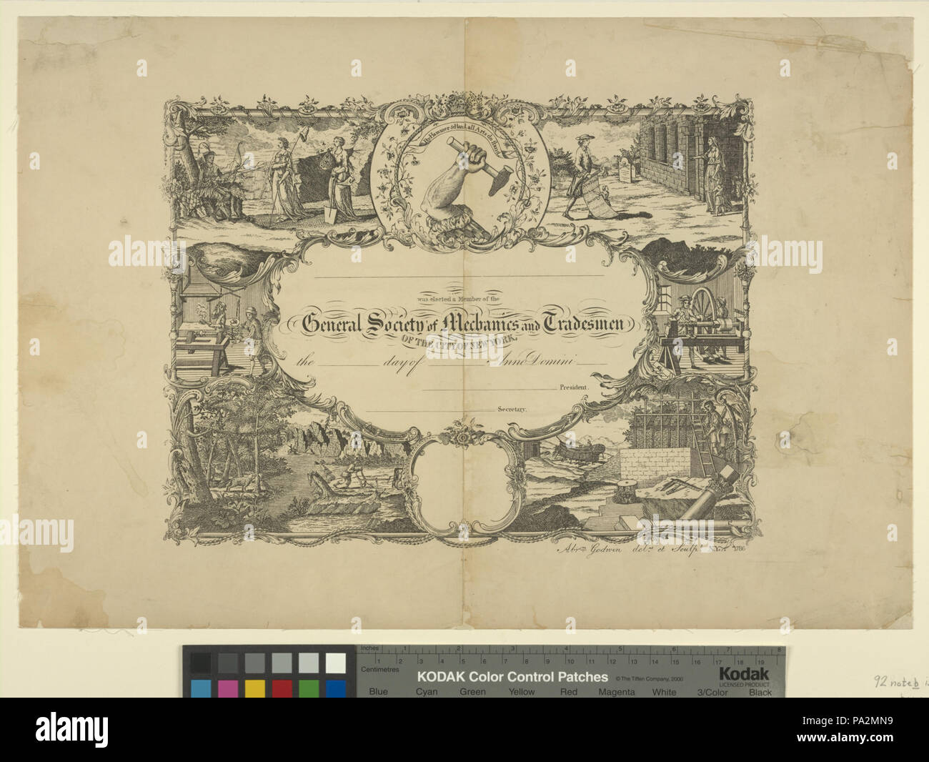 294 Certificato di appartenenza, la Società Generale di meccanica e di artigiani della città di New York (NYPL ADE-1785971-1650755) Foto Stock