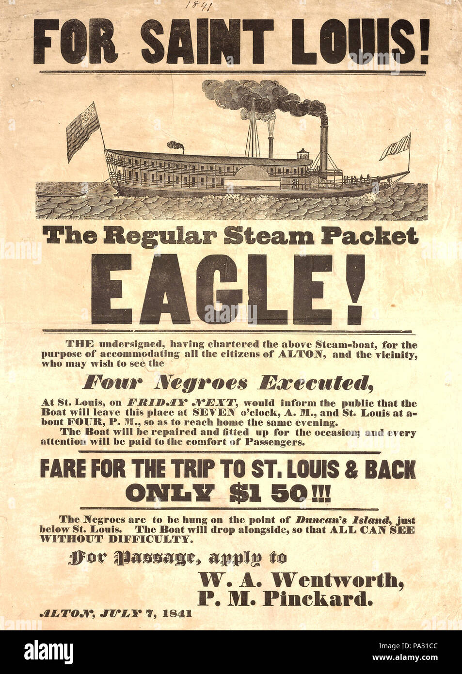 249 Costeggiata la pubblicità per un escursione sul regolare pacchetto vapore Eagle, 7 Luglio 1841 Foto Stock