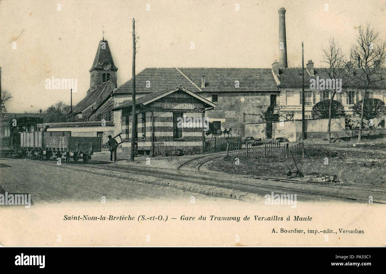 Carte oblitérée en 1905 219 Bourdier - SAINT-NOM-LA-BRETECHE - Gare du tram de Versailles à Maule Foto Stock