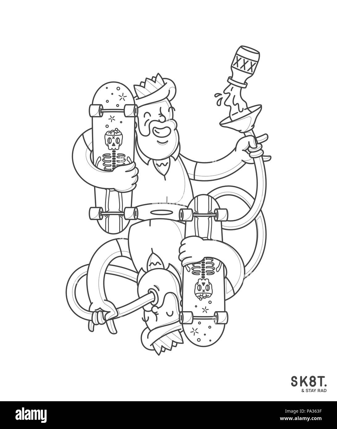 Struttura di pattino e soggiorno rad nero su bianco è un vettore illustrazione raffigurante la riflessione del re di pattinatori Illustrazione Vettoriale