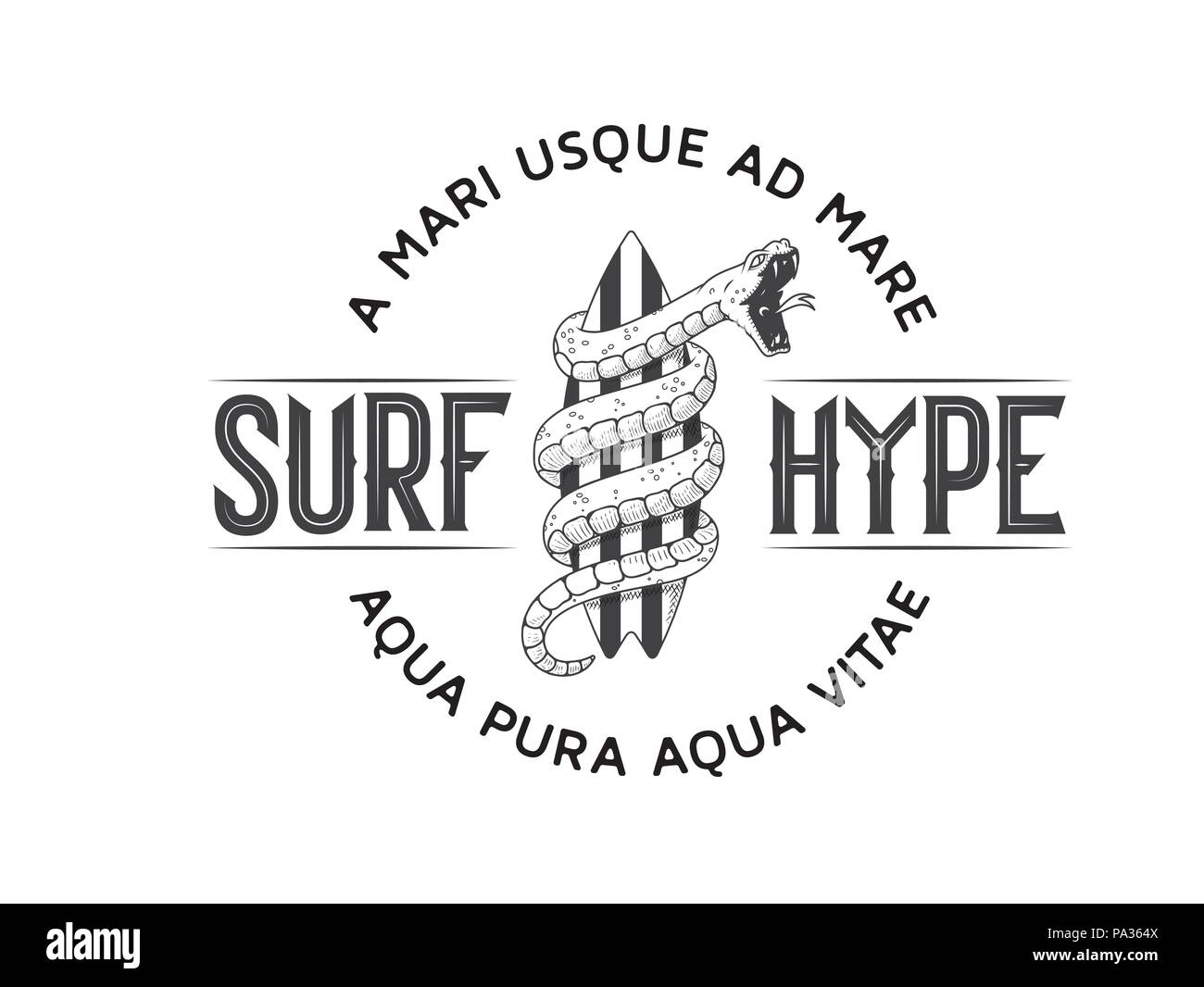 Surf Hype nero su sfondo bianco è una illustrazione vettoriale sulla coinvolgente passione per il surf Illustrazione Vettoriale