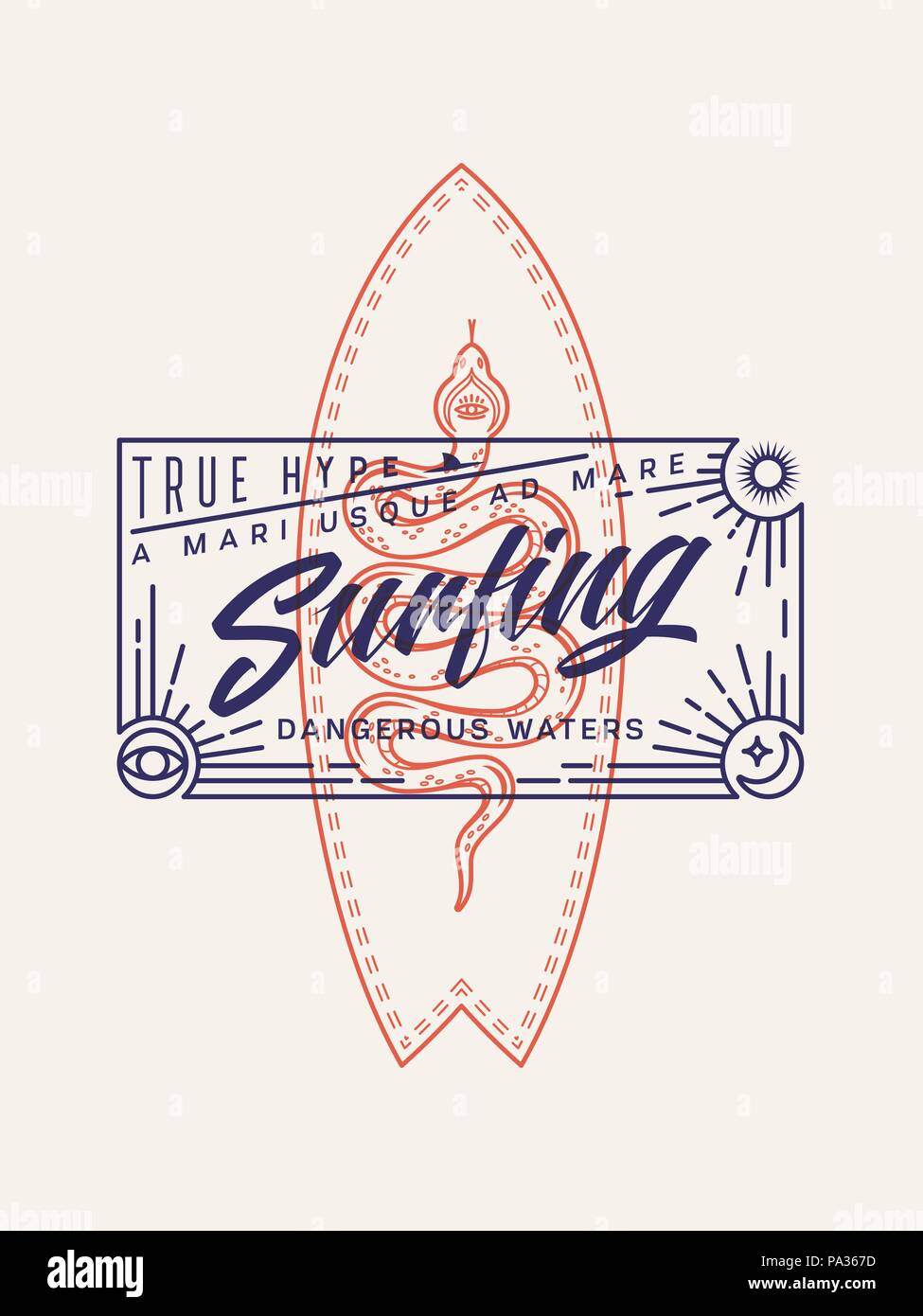 Navigare in acque pericolose è un vettore colorati illustrazione raffigurante un fatto a mano di script e di una tavola da surf con un serpente sulla parte superiore. Illustrazione Vettoriale