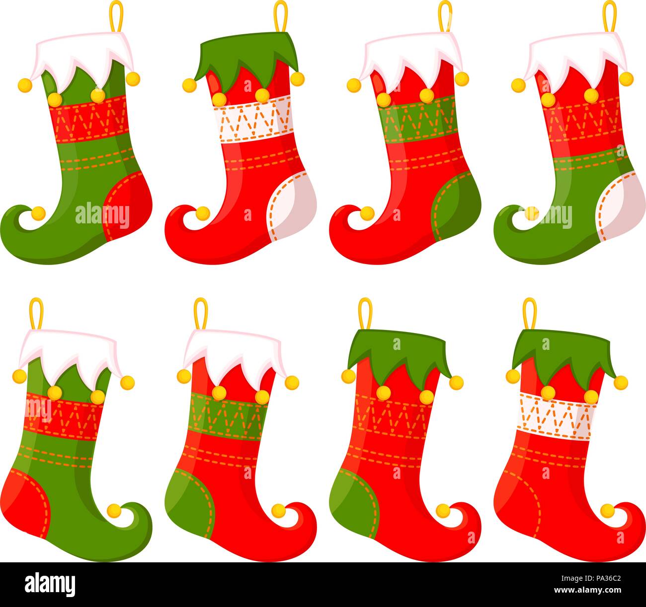 Coloratissimo cartoon christmas stocking impostato Illustrazione Vettoriale
