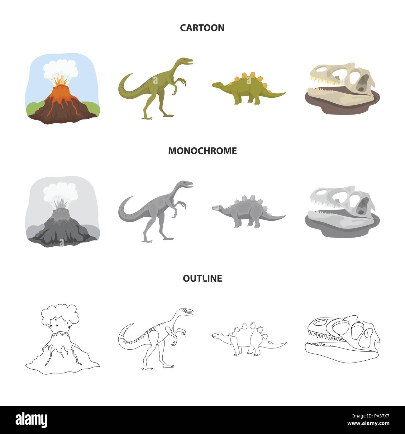 Eruzione vulcanica, gallimimus, stegosaurus,teschio di dinosauro. Dinosauro e periodo preistorico set di icone di raccolta in cartoon,contorno,stile monocromatico ve Illustrazione Vettoriale